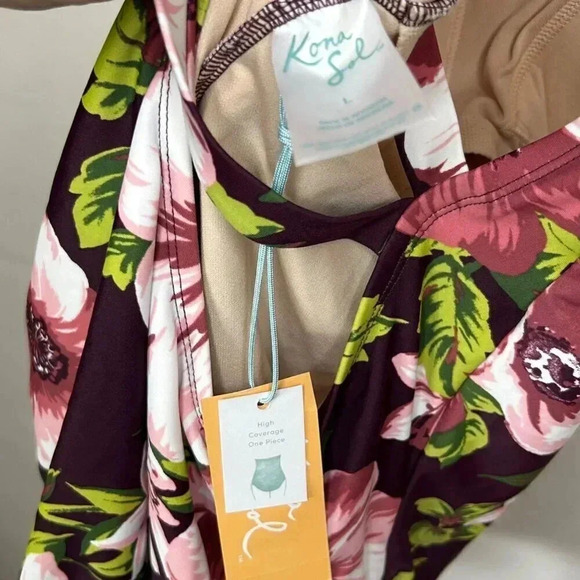 Kona Sol Size Large (12-14) Burgundy One Piece Swimsuit Beach Floral Tropical - Picture 8 of 9